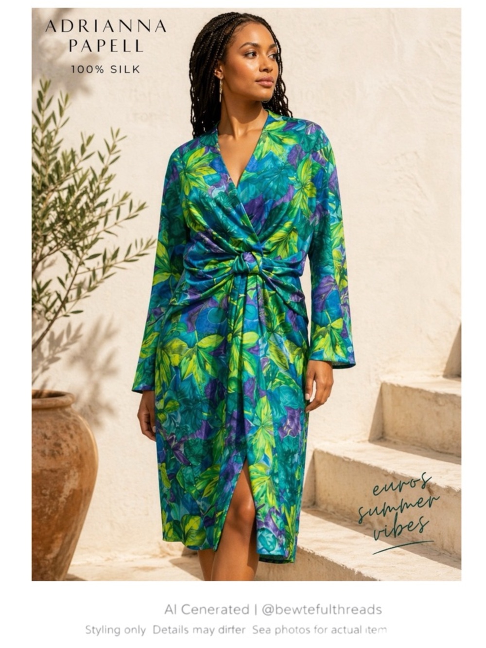 Tropical Silk Midi Dress Resort Vacation Draped Waist 12